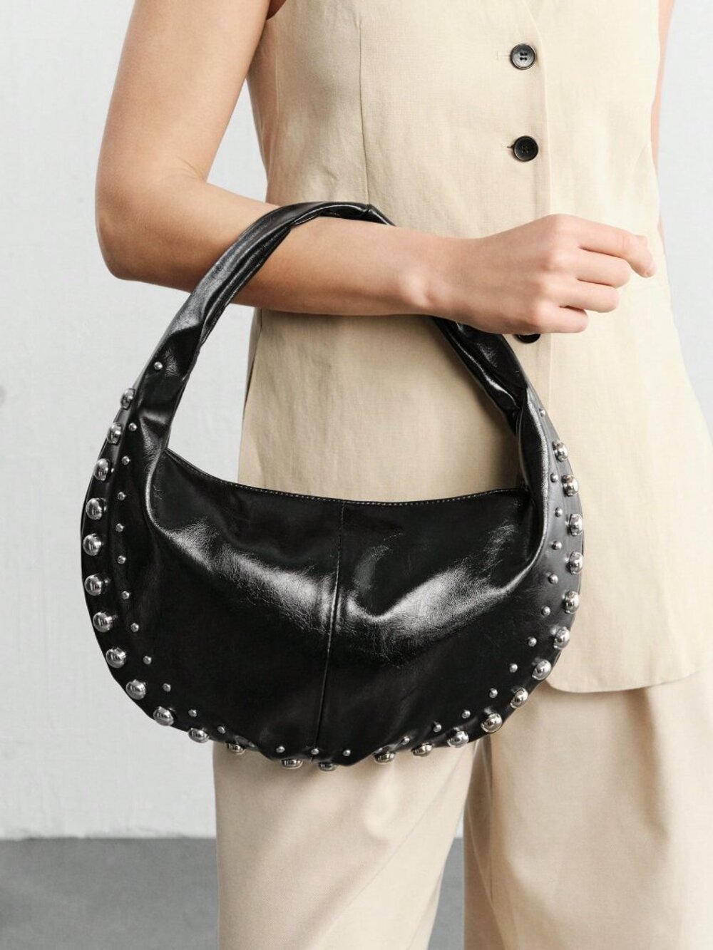 Black faux leather Casual Women's Studded Shoulder Bag - Picture 7 of 9